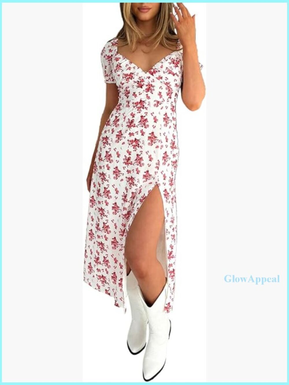 Floral Midi Dress Sweetheart Neck Puff Sleeve Side Slit Summer